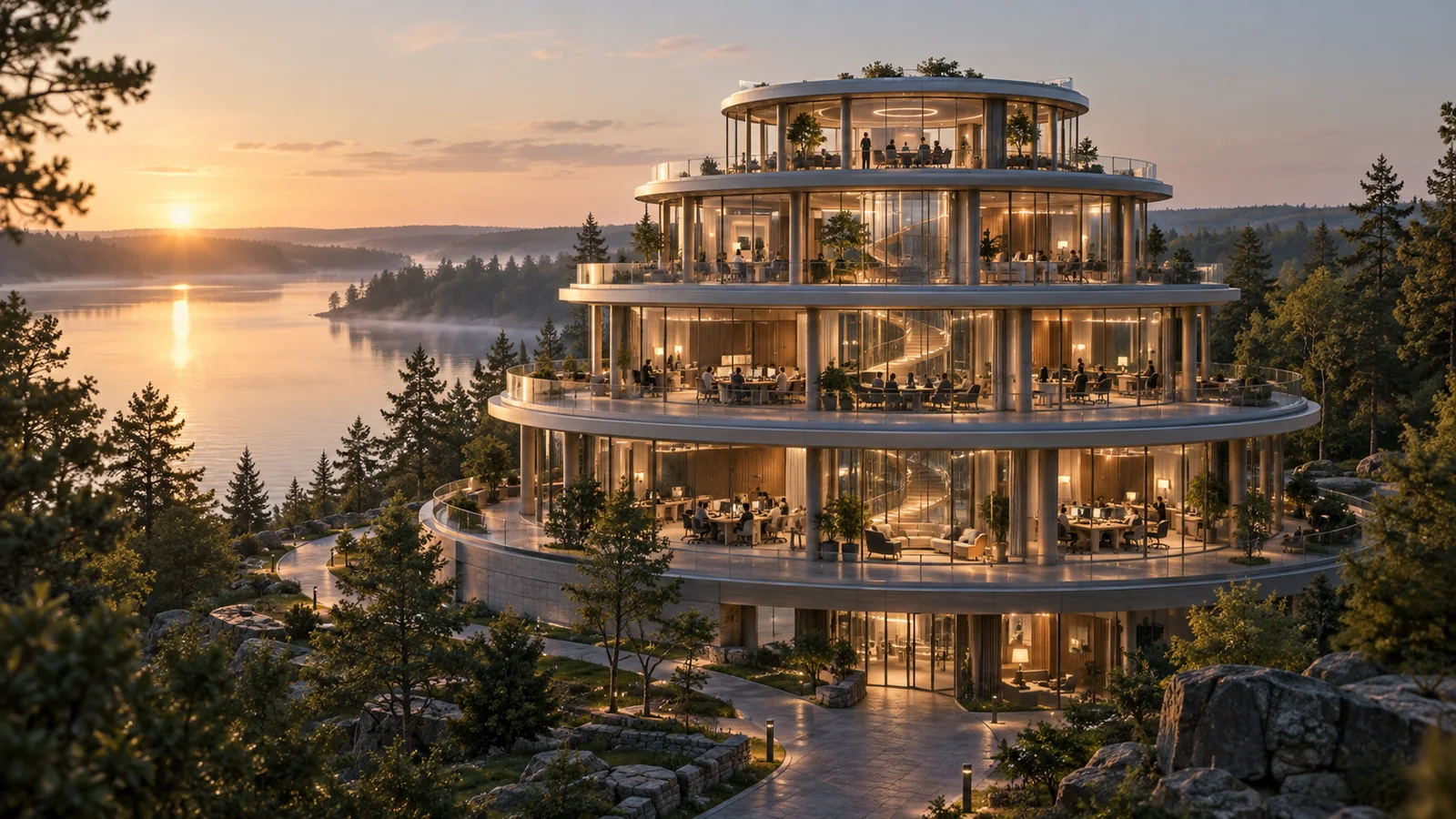 Five circular floors form one connected workplace beside a wooded Minnesota lake.